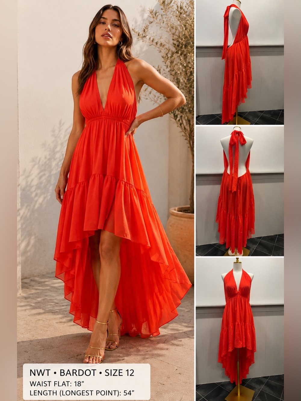 Bardot High Low Ruffle Dress Fire Red Size 12